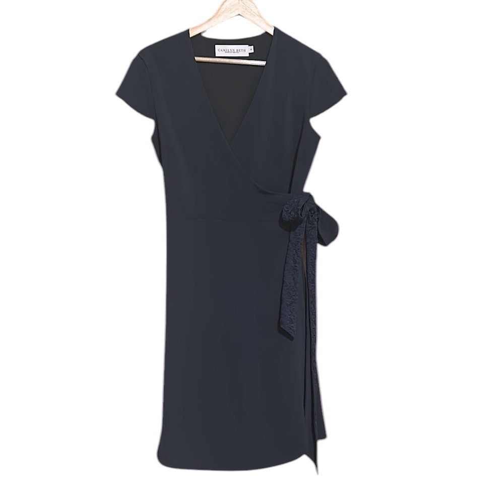 Camilyn Beth Navy Wrap Midi Dress Cap Sleeves Size 6
